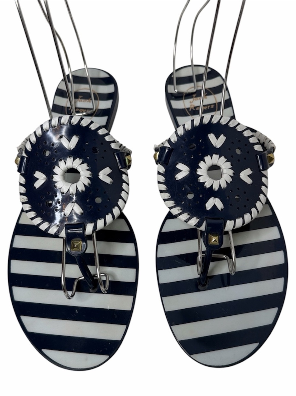 JACK ROGERS Georgica Navy & White Striped Jelly Sandals Decorative Medallions 11